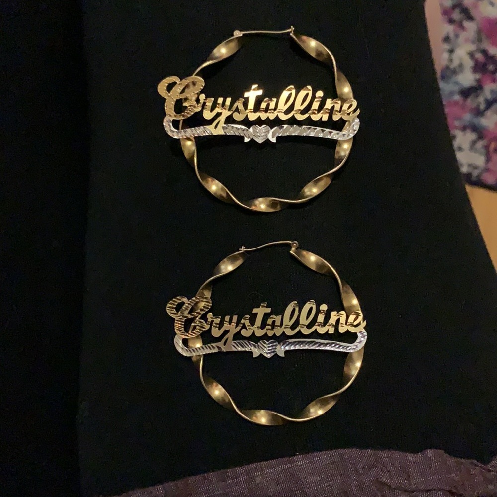 Tres Colori 18 Karat Gold Plated Nameplate Hoop Earrings: Crystal - Picture 4 of 13